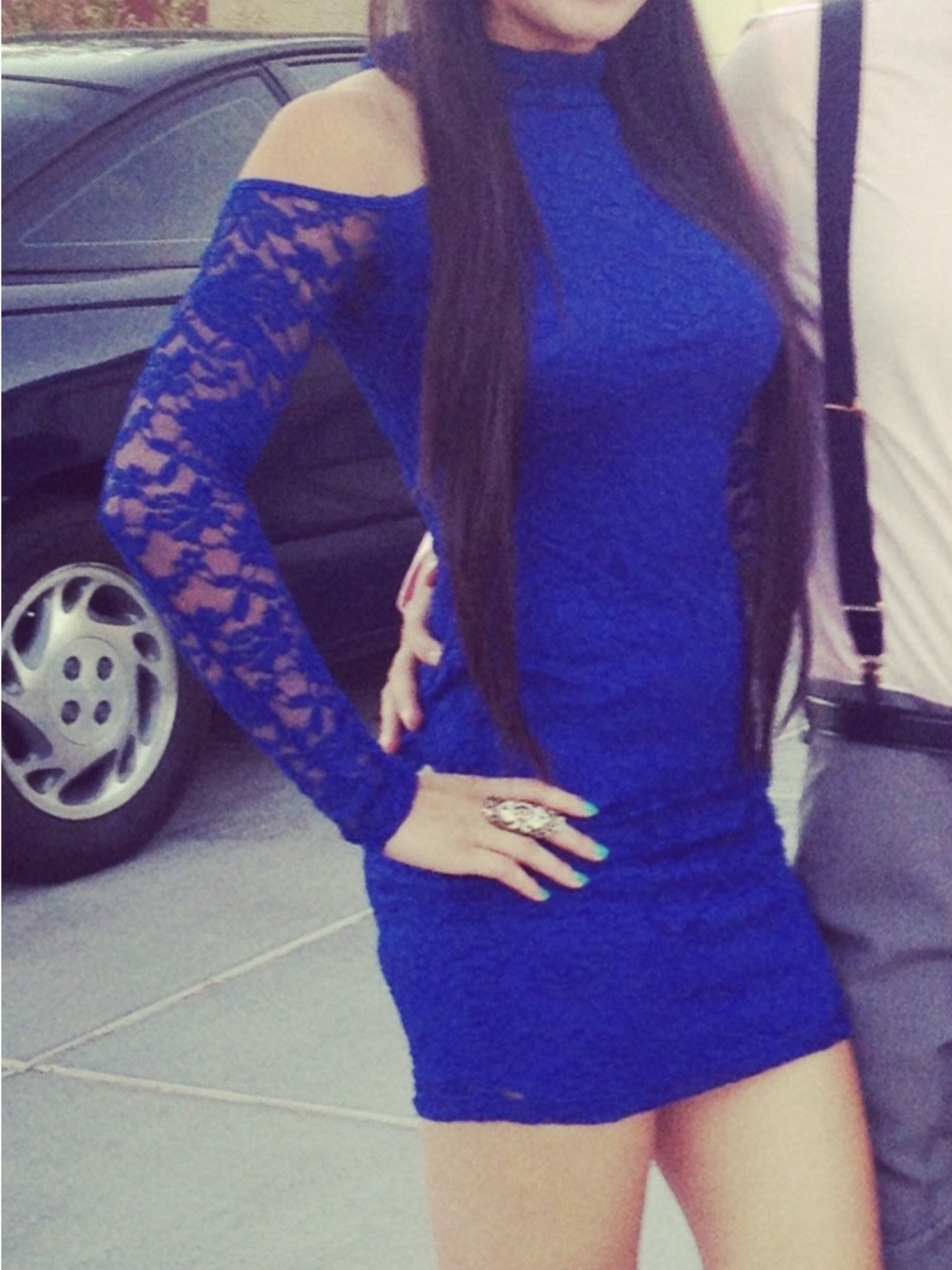 Tobi Royal Blue Lace Cold-Shoulder Long Sleeve Dress